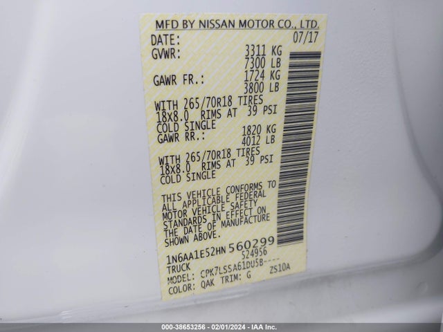 Aukcja sprzedaży 2017 Nissan Titan Sv, vin: 1N6AA1E52HN560299, numer aukcji: 38653256