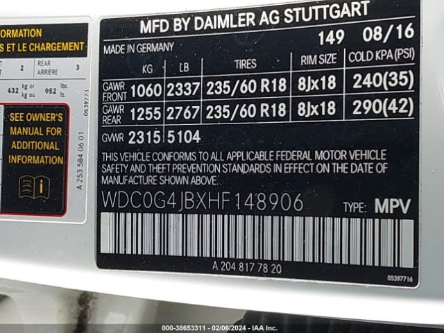 2017 MERCEDES-BENZ GLC WDC0G4JBXHF148906 Photo 8