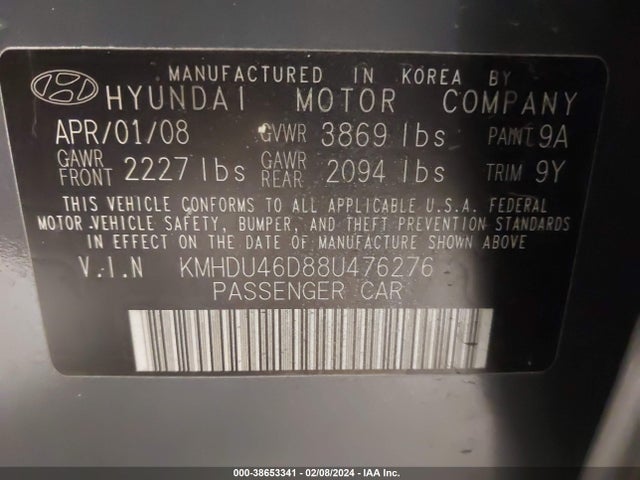 2008 HYUNDAI ELANTRA GLS/SE VIN: KMHDU46D88U476276