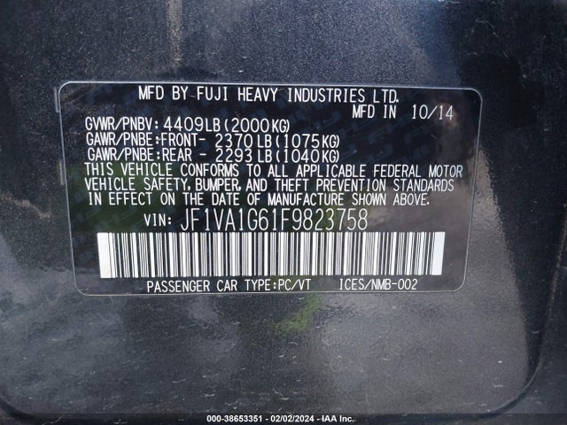 Subaru Wrx Limited 2015 JF1VA1G61F9823758 Image 9