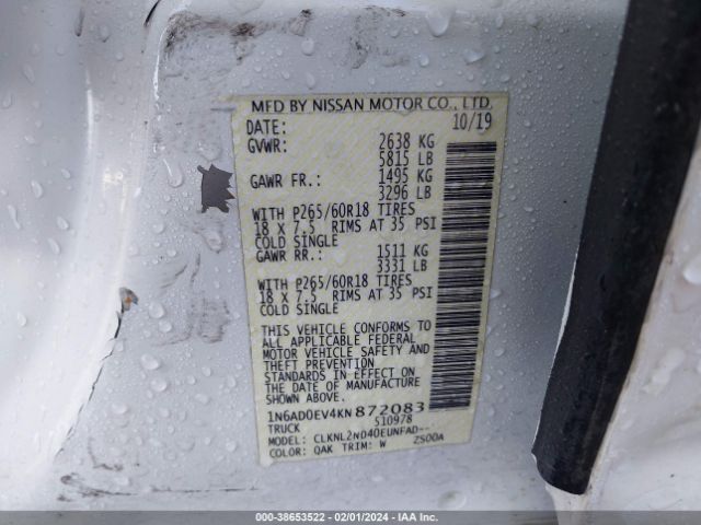 1N6AD0EV4KN872083 Nissan Frontier S/sv/sl/pro-4x