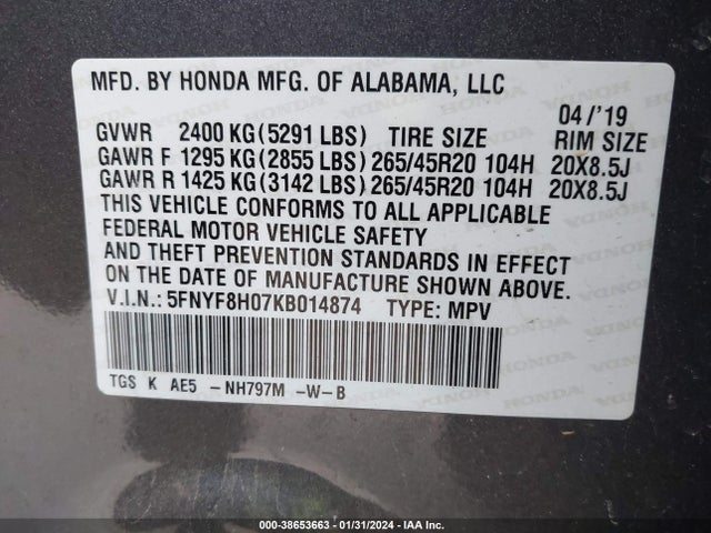 Honda Passport Elite 2019 5FNYF8H07KB014874 Image 9