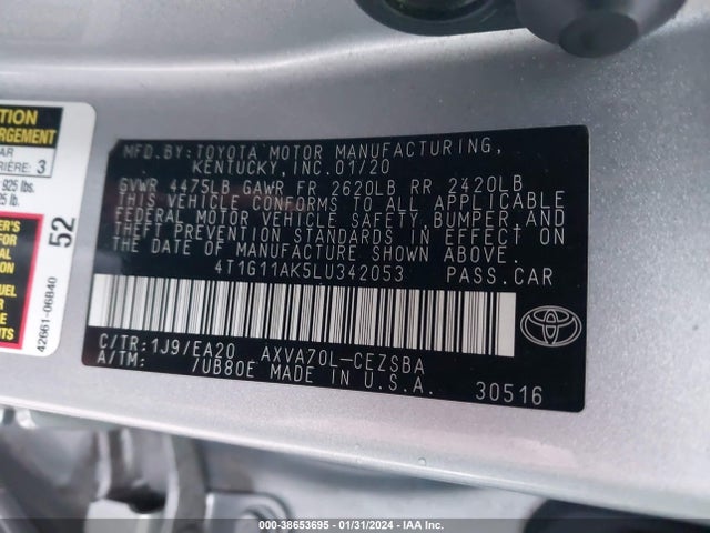 Toyota CAMRY SE 2020 4T1G11AK5LU342053 Image 9