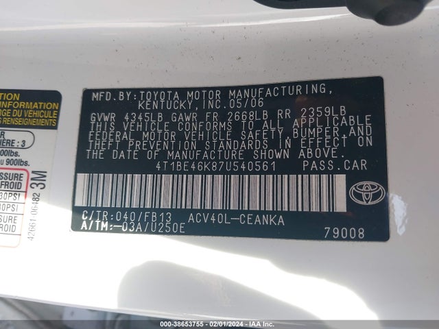2007 TOYOTA CAMRY LE VIN: 4T1BE46K87U540561