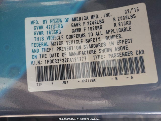 Honda ACCORD LX 2015 1HGCR2F32FA121777 Image 9