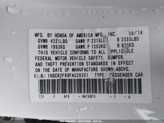 2015 HONDA ACCORD EX-L VIN: 1HGCR2F89FA028301