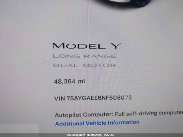 7SAYGAEE6NF508073 Tesla Model Y Long Range Dual Motor All-wheel Drive