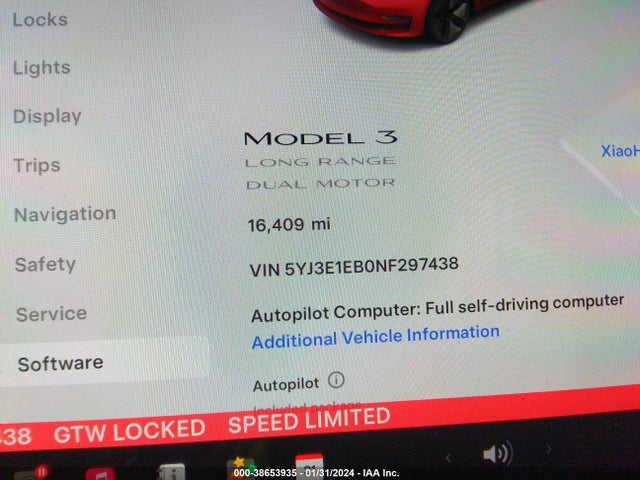 2022 TESLA MODEL 3 LONG RANGE DUAL MOTOR ALL-WHEEL DRIVE VIN: 5YJ3E1EB0NF297438