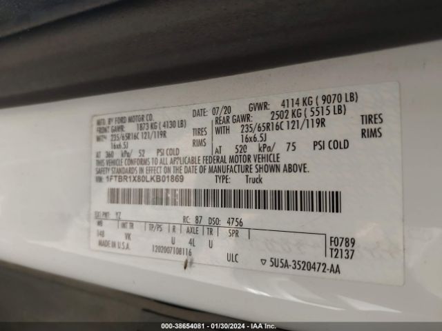 1FTBR1X80LKB01869 Ford Transit-250 Cargo Van