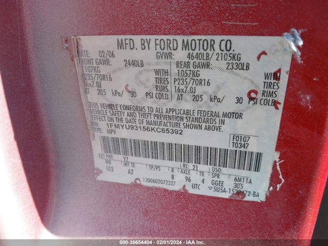 2006 FORD ESCAPE XLT/XLT SPORT VIN: 1FMYU93156KC65392