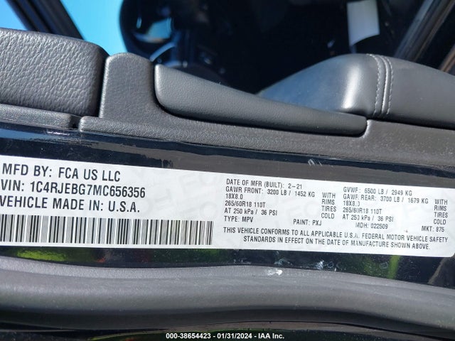 2021 JEEP GRAND CHEROKEE LIMITED 4X2 VIN: 1C4RJEBG7MC656356