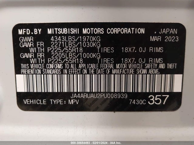 JA4ARUAU2PU008939 Mitsubishi Outlander Sport 2.0 Es Awc/2.0 Le Awc/2.0 Ralliart Awc/2.0 S Awc/2.0 Se Awc