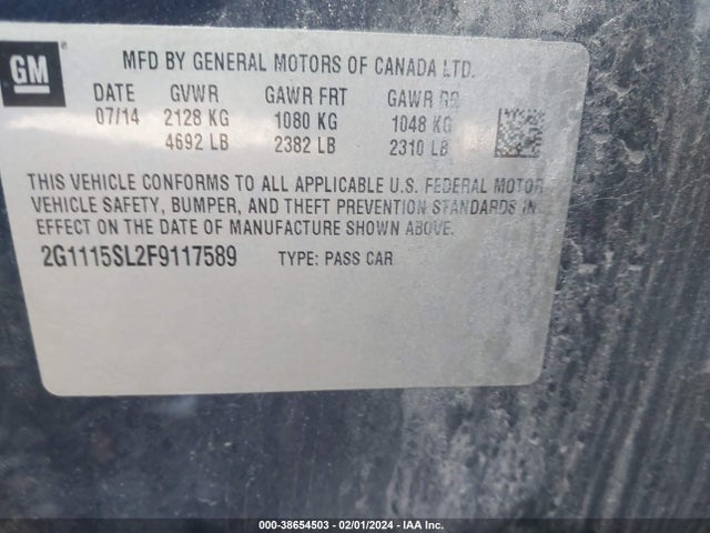 Chevrolet IMPALA 1LT 2015 2G1115SL2F9117589 Image 9