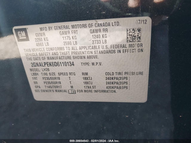 2013 CHEVROLET EQUINOX 2LT VIN: 2GNALPEK6D6110134