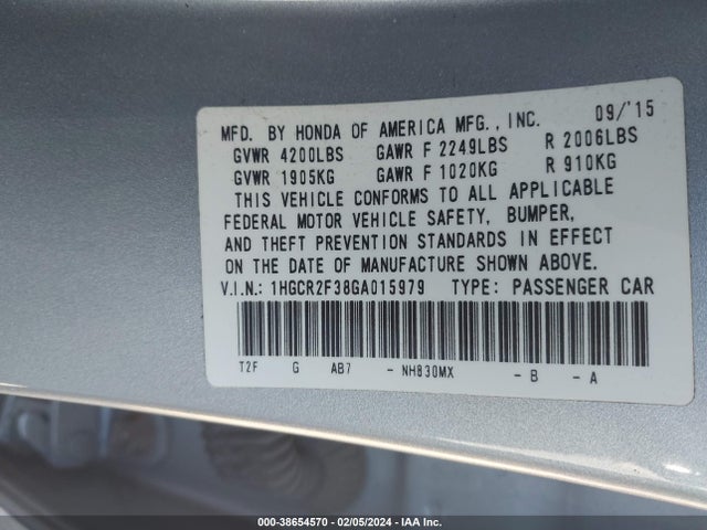 Honda ACCORD LX 2016 1HGCR2F38GA015979 Image 9