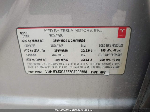 Tesla Model X 60d/70d/75d/90d 2016 5YJXCAE22GF002558 Image 9