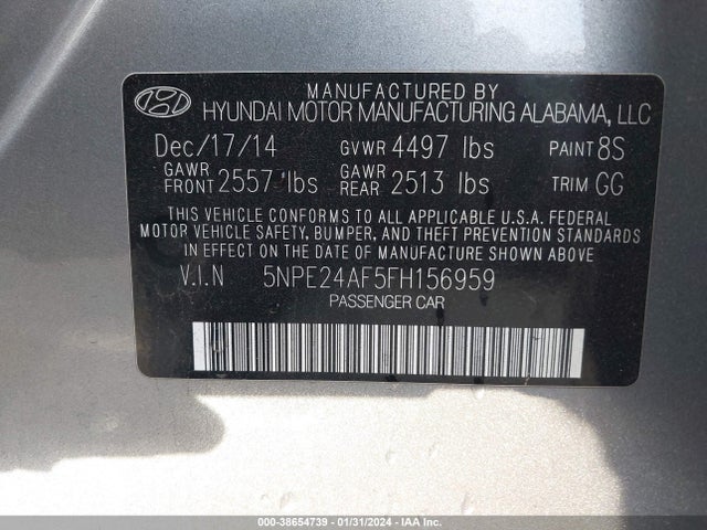 Hyundai SONATA SE 2015 5NPE24AF5FH156959 Image 9
