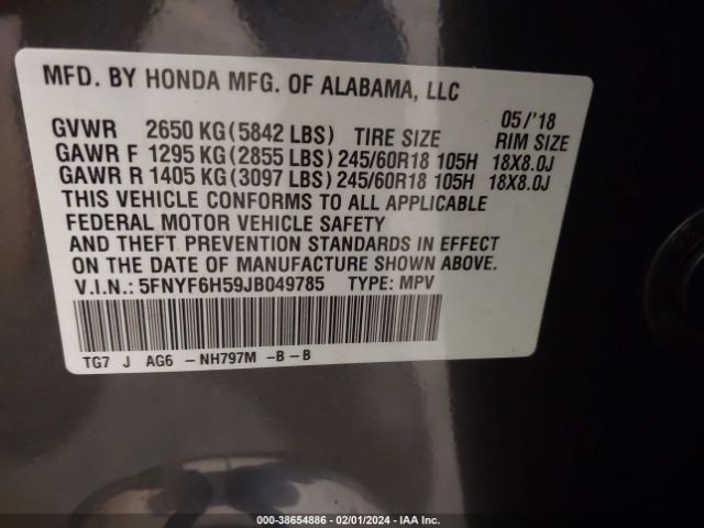 5FNYF6H59JB049785 Honda Pilot Ex-l