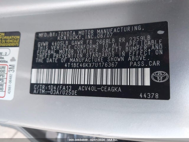 2007 TOYOTA CAMRY XLE VIN: 4T1BE46KX7U176367