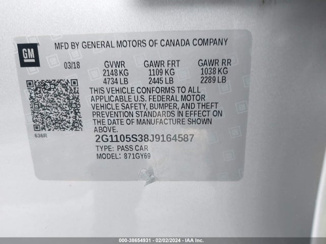 Chevrolet IMPALA 1LT 2018 2G1105S38J9164587 Image 9