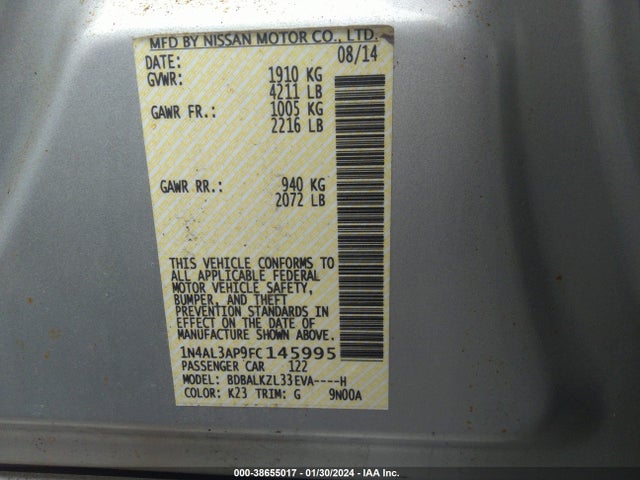 Nissan Altima 2.5 Sv 2015 1N4AL3AP9FC145995 Image 9