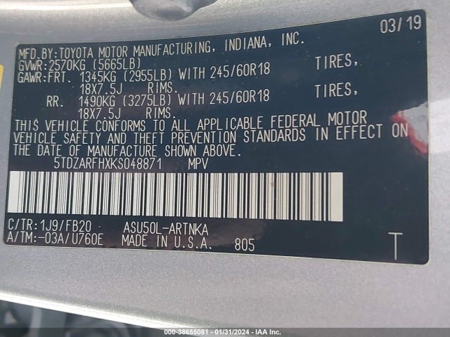 Toyota Highlander Le 2019 5TDZARFHXKS048871 Image 9