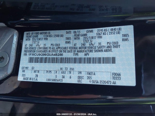 Ford ESCAPE SE 2016 1FMCU9G96GUA48286 Image 9