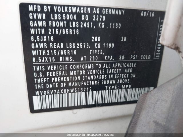 WVGBV7AX0HW513249 Volkswagen Tiguan 2.0t S