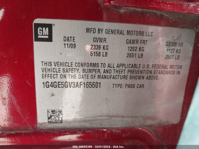 2010 BUICK LACROSSE CXS VIN: 1G4GE5GV3AF165601