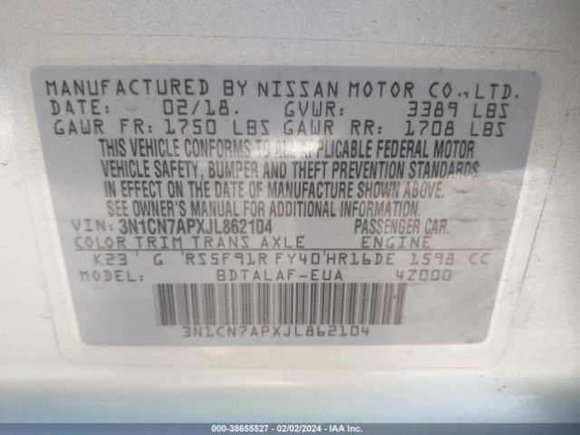 3N1CN7APXJL862104 Nissan Versa 1.6 S