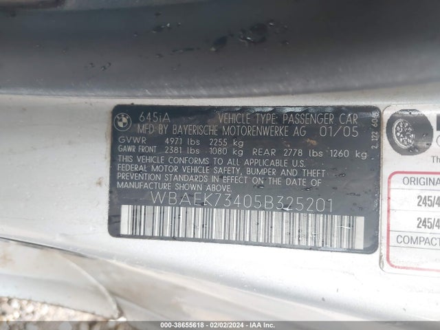 2005 BMW 645CI VIN: WBAEK73405B325201