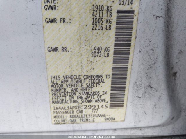 1N4AL3APXEC299145 Nissan Altima 2.5/2.5 S/2.5 Sl/2.5 Sv