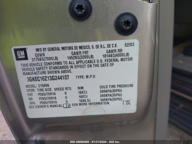 38656455 :رقم المزاد ، 3GKEC16Z13G244107 vin ، 2003 Gmc Yukon Xl 1500 Slt مزاد بيع