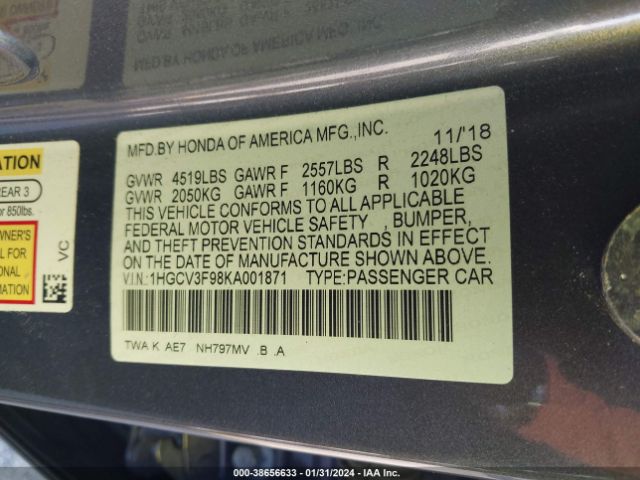 1HGCV3F98KA001871 Honda Accord Hybrid Touring