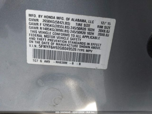 5FNYF6H92GB049526 Honda Pilot Touring