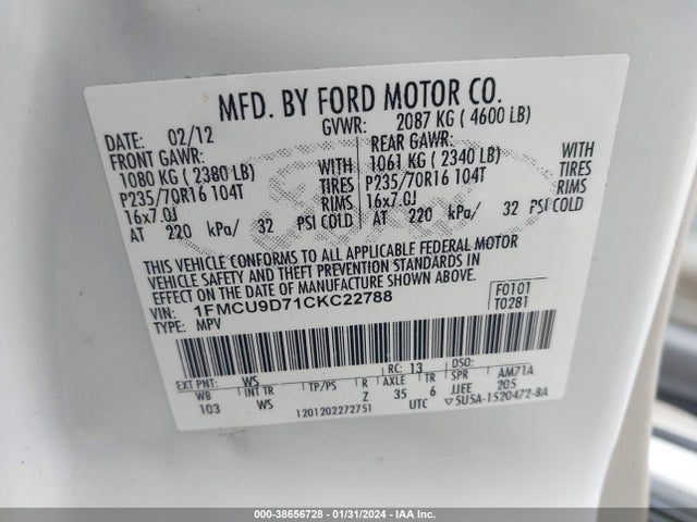 2012 FORD ESCAPE XLT VIN: 1FMCU9D71CKC22788