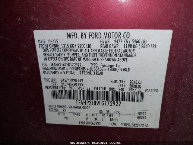 Ford Taurus Limited 2015 1FAHP2J89FG172922 Image 9