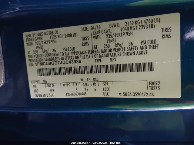 Ford ESCAPE SE 2018 1FMCU9GD7JUC43986 Image 9