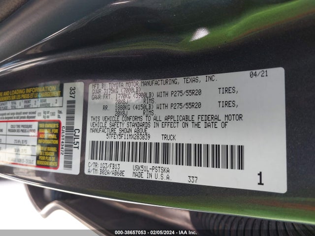 Toyota Tundra Sr5 2021 5TFEY5F11MX283839 Image 9