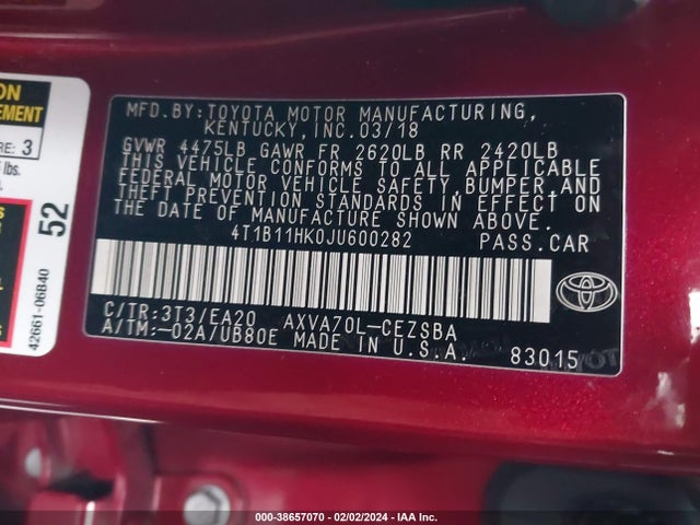Toyota CAMRY SE 2018 4T1B11HK0JU600282 Image 9