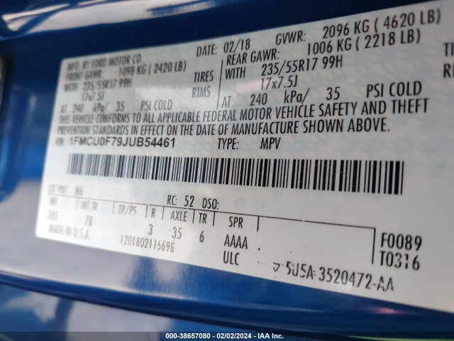 Ford ESCAPE S 2018 1FMCU0F79JUB54461 Image 9
