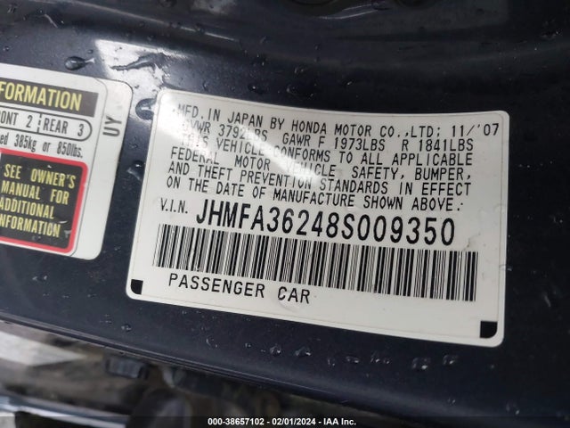 2008 HONDA CIVIC HYBRID VIN: JHMFA36248S009350