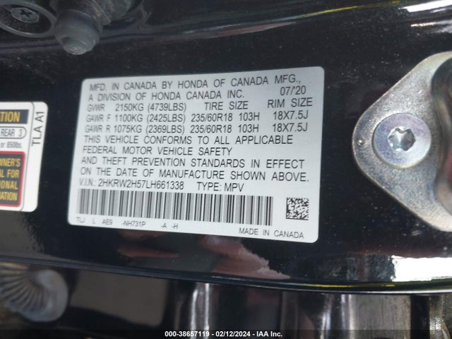 Honda Cr-v Awd Ex 2020 2HKRW2H57LH661338 Image 9