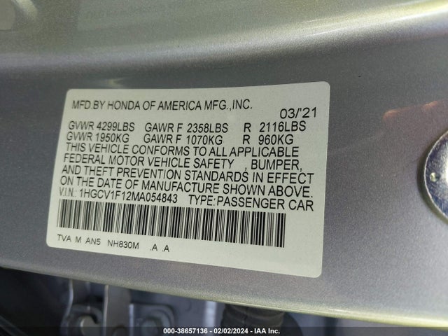 Honda ACCORD LX 2021 1HGCV1F12MA054843 Image 9
