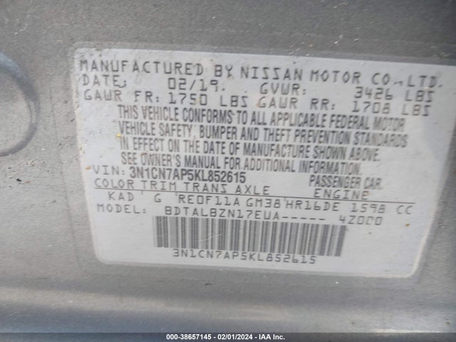 Nissan Versa 1.6 Sv 2019 3N1CN7AP5KL852615 Image 9