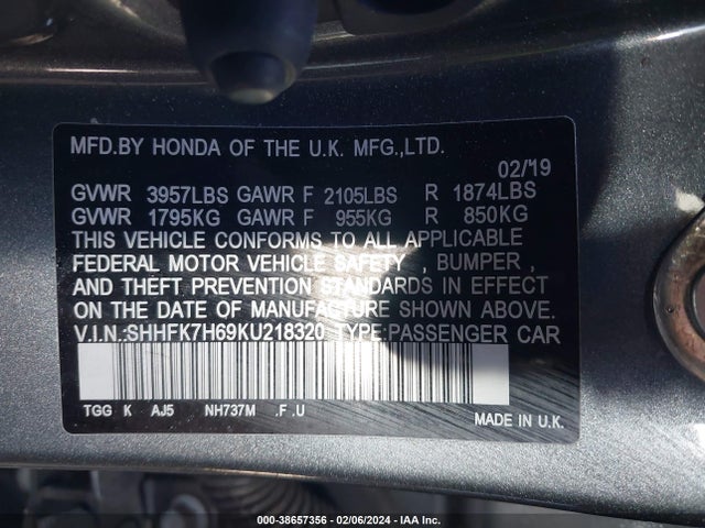 Honda CIVIC EX 2019 SHHFK7H69KU218320 Image 9