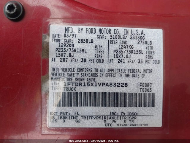 1997 FORD RANGER SPLASH/STX/XLT VIN: 1FTDR15X1VPA83228