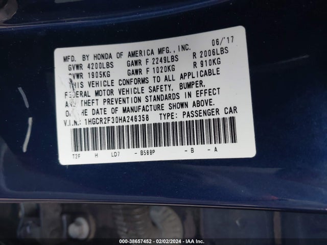 Honda ACCORD LX 2017 1HGCR2F30HA246358 Image 9