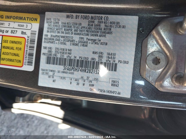 Ford FUSION SE 2017 3FA6P0H74HR282152 Image 9