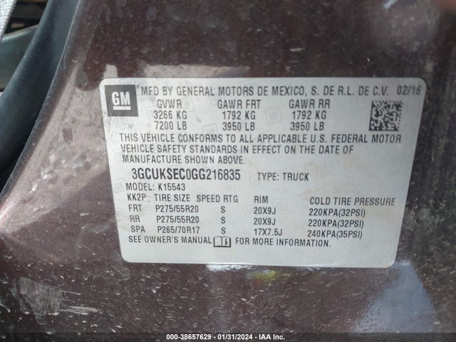 Chevrolet Silverado 1500 1lz 2016 3GCUKSEC0GG216835 Image 9